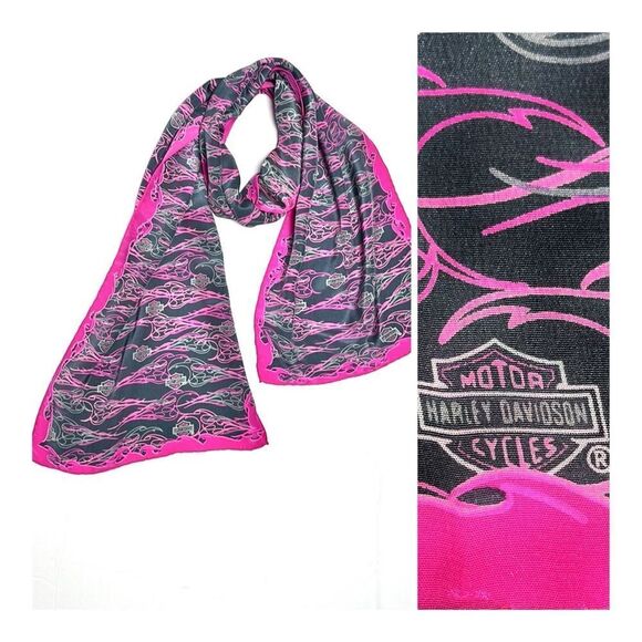 Harley Davidson Silk Scarf Magenta Charcoal Hand Rolled 11,5x58 inches - Picture 1 of 12